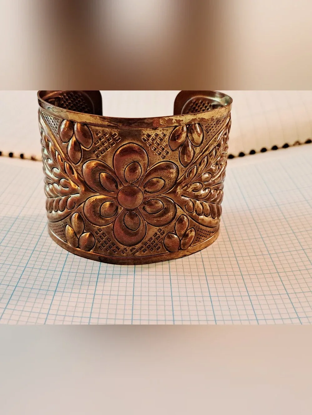 Antique-Style Floral Engraved Metal Cuff Bracelet